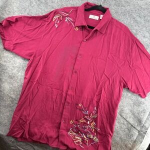 Bobby Chan Button Up Shirt Mens XL Burgundy Red Silk Blend Floral Embroidered